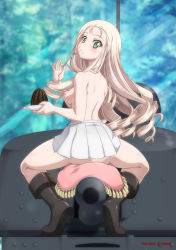 Rule 34 | 1girl, ass, blonde hair, breasts, cushion, drill hair, eating, ft-17, girls und panzer, green eyes, kaname aomame, long hair, looking at viewer, looking back, marie (girls und panzer), military, military vehicle, motor vehicle, nipples, no bra, no panties, pleated skirt, skirt, small breasts, straddling, tank, tank turret, topless, white skirt