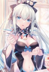 Rule 34 | 1girl, black bow, black dress, blue eyes, bow, braid, breasts, center opening, cleavage, dress, fate/grand order, fate (series), food, french braid, fruit, grey hair, hair bow, highres, large breasts, long hair, long sleeves, looking at viewer, morgan le fay (fate), nattsu (nattu888 8), navel, parfait, ponytail, sidelocks, solo, spikes, spoon, stomach tattoo, strawberry, tattoo, tiara, two-tone dress, very long hair, white dress, wide sleeves