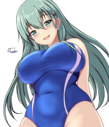 Rule 34 | 1girl, aqua eyes, aqua hair, blue one-piece swimsuit, blush, breasts, competition swimsuit, covered navel, cowboy shot, dated, hair between eyes, hair ornament, hairclip, highres, kantai collection, large breasts, long hair, looking at viewer, montemasa, one-hour drawing challenge, one-piece swimsuit, open mouth, simple background, smile, solo, suzuya (kancolle), swimsuit, twitter username, two-tone swimsuit, white background