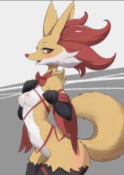 Rule 34 | 1girl, animal ears, animal nose, arched back, black fur, blush, body fur, bow, breasts, creatures (company), delphox, eyelashes, fang, female focus, fox ears, fox girl, fox tail, from side, furry, furry female, game freak, gen 6 pokemon, looking at viewer, multicolored fur, navel, nintendo, nipples, open mouth, pokemon, pokemon (creature), pokephilia, profile, red bow, ribbon, small breasts, smile, snout, solo, standing, tail, two-tone background, white fur, yellow fur