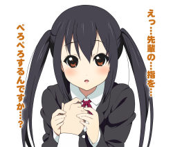 Rule 34 | 1girl, black hair, blazer, brown eyes, holding hands, jacket, k-on!, karada asobi, looking at viewer, nakano azusa, open mouth, pov, pov hands, school uniform, simple background, solo focus, translated, twintails
