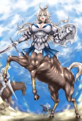 Rule 34 | 1girl, armor, blue eyes, braid, breasts, brown hair, centaur, centaur knight, cleavage, highres, large breasts, long hair, looking at viewer, monster girl, open mouth, shield, sword, taur, weapon