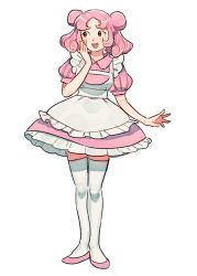 Rule 34 | 1girl, apron, bad id, bad twitter id, blissey, cdov34, creatures (company), dress, female focus, full body, game freak, gen 2 pokemon, hand on own face, looking to the side, nintendo, personification, pink hair, pokemon, simple background, smile, solo, thighhighs, white background