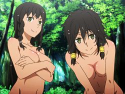 Rule 34 | 10s, 2girls, amazon warrior, animated, animated gif, black hair, breasts, convenient arm, convenient censoring, covering privates, covering breasts, crossed arms, dark-skinned female, dark skin, dungeon ni deai wo motomeru no wa machigatteiru darou ka, forest, green eyes, hair tubes, large breasts, leaning forward, looking at viewer, multiple girls, nature, navel, nude, outdoors, siblings, sisters, small breasts, smile, standing, talking, tiona hiryute, tione hiryute, yellow eyes