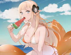 Rule 34 | 1girl, amelia (mahou arms), bikini, black flower, blue hair, breasts, cleavage, cloud, collarbone, flower, food, hair behind ear, hair flower, hair ornament, highres, holding, holding food, long hair, looking at viewer, mahou arms, medium breasts, midriff, navel, ocean, open mouth, pointy ears, popsicle, sky, solo, swimsuit, white bikini, yoimon