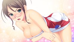 Rule 34 | 1girl, bent over, blush, breast hold, breasts, brown hair, cleavage, game cg, glasses, green eyes, highres, koutaro, large breasts, looking at viewer, mukou aoi, open mouth, solo, sparkle, tropical vacation