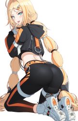 Rule 34 | 1girl, :d, ahoge, ass, belt, black jacket, black pants, black shirt, black survival, blonde hair, blue eyes, chain, crop top, crop top overhang, finger to mouth, fingerless gloves, from behind, gloves, grey gloves, hair ornament, hairclip, hand up, highres, hood, hood down, hooded jacket, hop3, index finger raised, jacket, kneeling, long hair, long sleeves, looking at viewer, looking back, low twintails, midriff, nicky blake, open mouth, pants, parted bangs, shirt, shoes, simple background, smile, sneakers, socks, solo, thigh strap, twintails, undershirt, very long hair, white background, white footwear, white socks
