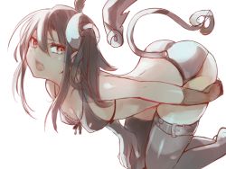 Rule 34 | 1girl, bad id, bad nijie id, black bra, black gloves, black hair, black thighhighs, blush, bra, breasts, cleavage, demon tail, detached wings, elbow gloves, fang, gloves, horns, nanashin naomi, open mouth, original, panties, red eyes, sheep horns, short hair, side ponytail, simple background, small breasts, solo, tail, thighhighs, underwear, underwear only, white background, wings