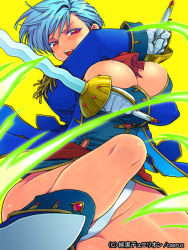 Rule 34 | 1girl, blue hair, blush, breasts, bursting breasts, cleavage, eroe, female focus, large breasts, looking at viewer, open mouth, red eyes, solo, sword, weapon