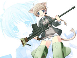 Rule 34 | 00s, 1girl, :d, ahoge, animal ears, anti-materiel rifle, armor, armored boots, blonde hair, blue eyes, blush, boots, bow, bow panties, braid, cat ears, cat tail, gun, kimishima ao, long sleeves, lynette bishop, necktie, open mouth, panties, rifle, simple background, single braid, smile, sniper rifle, solo, standing, strike witches, striker unit, tail, thigh boots, thighhighs, underwear, weapon, white background, white panties, world witches series