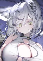 Rule 34 | 1girl, animal collar, animal ear fluff, animal ears, bare shoulders, blush, breasts, cleavage, cleavage cutout, clothing cutout, collar, commentary request, flipped hair, huge breasts, inumata ichini, medium hair, original, sleeveless, solo, white hair, yellow eyes