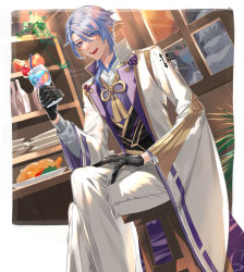 Rule 34 | 1boy, blue hair, bottle, commentary request, crossed legs, cup, food, fruit, genshin impact, gloves, hair between eyes, highres, hiiro (coinxtossxdive), holding, holding cup, japanese clothes, kamisato ayato, long sleeves, looking at viewer, male focus, mole, mole under mouth, open mouth, pants, plate, purple eyes, sitting, solo, stool, tassel, tropical drink, wide sleeves, window