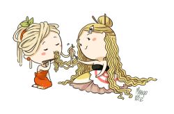 Rule 34 | 2girls, bare arms, bare shoulders, blonde hair, blush stickers, chibi, chopsticks, dress, earrings, eating, closed eyes, food, food-themed clothes, fork, hair bun, hair ornament, hair stick, hairclip, holding, jewelry, kamaboko, long hair, meago, multiple girls, narutomaki, noodles, orange dress, original, pasta, personification, ponytail, ramen, siblings, signature, sisters, sitting, spaghetti, strapless, strapless dress, themed object, transparent background, very long hair, wavy hair
