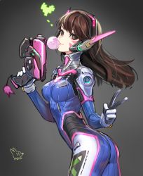 Rule 34 | 1girl, ass, bad id, bad twitter id, bodysuit, breasts, brown eyes, brown hair, blowing bubbles, chewing gum, d.va (overwatch), facial mark, finger on trigger, gun, headphones, heart, long hair, looking at viewer, medium breasts, overwatch, overwatch 1, pilot suit, rod (rod4817), signature, solo, v, weapon, whisker markings
