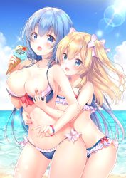Rule 34 | 2girls, :d, :o, absurdres, beach, bikini, blonde hair, blue bikini, blue eyes, blue hair, blue sky, blush, bow, bracelet, breasts, cherry, cleavage, cloud, collarbone, cowboy shot, day, emori el, emori miku, fang, food, food on body, food on breasts, frilled bikini, frills, front-tie bikini top, front-tie top, fruit, grabbing, grabbing another&#039;s breast, hair bow, highres, holding, holding food, horizon, hug, hug from behind, huge filesize, ice cream, ice cream cone, jewelry, large breasts, lens flare, light rays, liver city, long hair, looking at viewer, melting, multiple girls, nail polish, necklace, ocean, open mouth, orange nails, outdoors, pink bow, pink nails, sakura moyon, side-tie bikini bottom, sky, small breasts, smile, sparkle, swimsuit, two side up, v-shaped eyebrows, very long hair, water