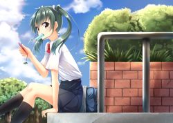 Rule 34 | 10s, 1girl, alternate costume, arm at side, bag, black socks, blue skirt, blue sky, blush, bow, bowtie, brick wall, brown eyes, bush, cellphone, charm (object), contemporary, day, eyebrows, food, forest, from side, green hair, hair ribbon, hino (2nd life), holding, holding phone, kantai collection, kneehighs, looking at viewer, looking to the side, miniskirt, mouth hold, nature, outdoors, phone, plant, pleated skirt, popsicle, railing, red bow, red bowtie, ribbon, school bag, shirt, short sleeves, sitting, skirt, sky, smartphone, socks, solo, tareme, tree, twintails, white ribbon, white shirt, zuikaku (kancolle)