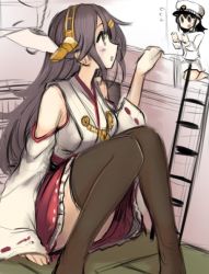 Rule 34 | 2girls, black hair, blush, breasts, brown eyes, brown legwear, detached sleeves, female admiral (kancolle), flying sweatdrops, giant, giantess, hair ornament, hairclip, haruna (kancolle), hat, headgear, kantai collection, kneeling, ladder, long hair, looking at another, medium breasts, multiple girls, nontraditional miko, open mouth, red skirt, ribbon-trimmed sleeves, ribbon trim, sitting, size difference, sketch, skirt, solid oval eyes, thighhighs, utopia, white hat