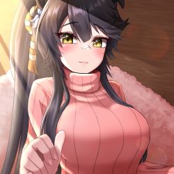 Rule 34 | 1girl, absurdres, animal ears, bandaid, bandaid on face, bandaid on nose, black hair, blush, breasts, closed mouth, commentary request, ear ornament, hair between eyes, highres, horse ears, horse girl, large breasts, long hair, long sleeves, narita brian (umamusume), pink sweater, ponytail, ribbed sweater, rope, shimenawa, shinonome (shinonome rynn), smile, solo, sweater, turtleneck, turtleneck sweater, umamusume, upper body, yellow eyes