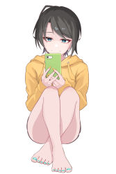Rule 34 | alternate costume, black hair, blue eyes, cellphone, commentary request, crossed legs, eihire, fingernails, forehead, full body, highres, holding, holding phone, hololive, hood, hoodie, knees up, looking at phone, messy hair, nail polish, oozora subaru, phone, short hair, simple background, sitting, smartphone, solo, swept bangs, toenail polish, toenails, virtual youtuber, white background, yellow hoodie, yellow nails