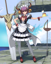 Rule 34 | 1girl, apron, breasts, cleavage, demon girl, demon horns, dress, food, highres, horns, kouno (masao), looking at viewer, maid, maid headdress, original, pantyhose, pudding, puffy sleeves, purple eyes, purple hair, revision, short hair, short sleeves, smile, solo, sword, weapon, wrist cuffs
