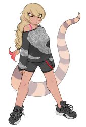 Rule 34 | 1girl, alternate costume, alternate hairstyle, arms at sides, bare legs, bare shoulders, bike shorts, blonde hair, bra strap, braid, closed eyes, closed mouth, dark-skinned female, dark skin, full body, half-closed eye, highres, igarashi (nogiheta), kemono friends, king cobra (kemono friends), legs apart, long hair, long sleeves, multicolored hair, print sweater, red hair, shoes, simple background, single braid, sleeves past wrists, snake tail, solo, standing, sweater, tail, tsurime, two-tone hair, very long hair, white background, yellow eyes