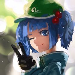 Rule 34 | 1girl, blue eyes, blue hair, green hat, hair bobbles, hair ornament, hat, kaatoso, kawashiro nitori, matching hair/eyes, one eye closed, short hair, smile, solo, touhou, twintails, two side up, v