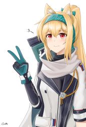 Rule 34 | 1girl, :3, animal ear fluff, animal ears, arknights, artist name, black bodysuit, blonde hair, bodysuit, bolt action, bow, cat ears, closed mouth, gamryous, girls&#039; frontline, gloves, green bow, green hairband, gun, hair bow, hairband, highres, jacket, long hair, looking at viewer, multicolored clothes, multicolored gloves, ponytail, red eyes, rifle, russian flag, scarf, simple background, smile, sniper rifle, solo, sora (arknights), sv-98, sv-98 (girls&#039; frontline), sv-98 (mod3) (girls&#039; frontline), turtleneck, upper body, v, weapon, white background, white jacket, white scarf