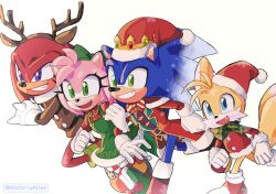 Rule 34 | 1girl, 3boys, amy rose, animal costume, animal ears, artist name, blue eyes, blue fur, boots, bow, bowtie, christmas, clenched hand, clenched teeth, collared shirt, costume, crown, dress, echidna (animal), fake horns, fox, fox boy, fox ears, fox tail, furry, furry female, furry male, gloves, green eyes, hairband, hat, hedgehog, hedgehog boy, hedgehog ears, hedgehog girl, hedgehog tail, highres, historiaallen, horns, knuckles the echidna, looking to the side, multiple boys, open mouth, pink fur, purple eyes, red fur, reindeer costume, santa boots, santa costume, santa dress, santa gloves, santa hat, scarf, shirt, shoes, simple background, sonic (series), sonic the hedgehog, tail, tails (sonic), teeth, white background, yellow fur