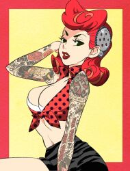Rule 34 | 1girl, arm tattoo, black shorts, breasts, cleavage, coif, commission, copyright request, crop top, gears, green eyes, gyosone, highres, large breasts, pinup (style), polka dot, red hair, red lips, retro clothes, shorts, solo, tattoo