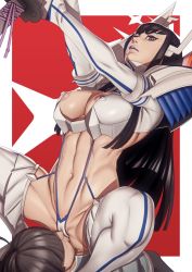 Rule 34 | 1boy, 1girl, absurdres, bad id, bad pixiv id, black hair, boots, breasts, cameltoe, covered erect nipples, cunnilingus, dominatrix, femdom, head out of frame, hetero, highres, john doe, junketsu, katana, kill la kill, kiryuuin satsuki, large breasts, lips, long hair, looking at viewer, looking down, navel, oral, purple lips, revealing clothes, serious, sitting, sitting on face, sitting on person, slingshot swimsuit, solo focus, stomach, suspenders, swimsuit, sword, thigh boots, thighhighs, weapon, white footwear