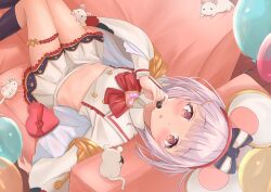 Rule 34 | 1girl, absurdres, animal ears, black socks, blush, bow, box, box of chocolates, chocolate, commentary request, couch, cropped shirt, fake animal ears, food, frilled skirt, frills, granblue fantasy, grey hair, hair bow, hand up, highres, holding, holding chocolate, holding food, kneehighs, kuroliu 9021, long sleeves, looking at viewer, lying, midriff, miniskirt, mouse (animal), mouse ears, navel, on back, on couch, pink hair, pleated skirt, shirt, short hair, skirt, socks, solo, upside-down, vikala (granblue fantasy), white shirt, yellow skirt