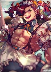 Rule 34 | 1boy, :d, abs, absurdres, alternate costume, alternate hairstyle, anger vein, apron, bara, bare pectorals, blush, dress, enmaided, false smile, fate/grand order, fate (series), feet out of frame, forced, frilled dress, frills, highres, large pectorals, looking at viewer, maewenmitzuki, maid, maid apron, maid headdress, male focus, mori nagayoshi (fate), muscular, muscular male, nipples, open mouth, pectorals, red hair, revealing clothes, sharp teeth, smile, solo, sparkling aura, teeth