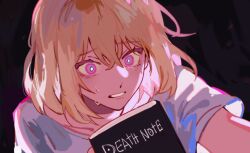 1girl absurdres akmizuk bang_dream! bang_dream!_it&#039;s_mygo!!!!! blonde_hair commentary death_note death_note_(object) english_commentary hair_between_eyes highres medium_hair misumi_uika shirt short_sleeves sidelocks solo white_shirt