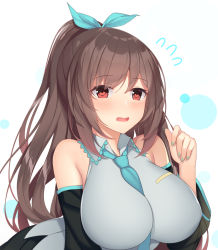 Rule 34 | 1girl, absurdres, black skirt, blush, bow, breasts, brown hair, collarbone, cosplay, elbow gloves, gloves, hair bow, hatsune miku, hatsune miku (cosplay), highres, idolmaster, idolmaster shiny colors, jyt, large breasts, long hair, looking at viewer, nervous smile, open mouth, ponytail, shirt, skirt, smile, solo, tsukioka kogane, upper body, vocaloid