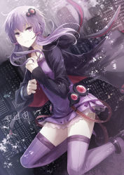 Rule 34 | 1girl, angel31424, dress, hair ornament, hand on own chest, hood, hooded jacket, jacket, looking at viewer, low twintails, purple dress, purple eyes, purple hair, purple thighhighs, shoes, short dress, solo, thighhighs, twintails, vocaloid, voiceroid, yuzuki yukari