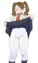 Rule 34 | 10s, 1girl, ascot, bad id, bad twitter id, black footwear, black skirt, blush, boots, breasts, cleft of venus, clothes lift, covered navel, female pubic hair, grin, gundam, gundam build fighters, gundam build fighters try, half-closed eyes, heavy breathing, highres, lifted by self, long hair, long sleeves, looking at viewer, medium breasts, miniskirt, naughty face, pantyhose, pleated skirt, pubic hair, puffy long sleeves, puffy sleeves, pussy, pussy cutout, sazaki kaoruko, simple background, skirt, skirt lift, smile, solo, standing, steam, sweat, torn clothes, torn pantyhose, twintails, wedgie, white background, white pantyhose, xxzero