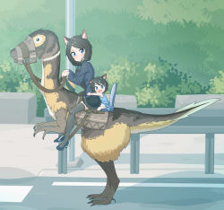 Rule 34 | 2girls, :d, absurdres, animal ear fluff, animal ears, black footwear, black hair, black jacket, blue dress, blue eyes, blush, brown footwear, cat ears, cat tail, child, closed mouth, dinosaur, dress, from side, grey legwear, guard rail, high heels, highres, jacket, long hair, long sleeves, looking at viewer, looking to the side, mao lian (nekokao), mother and daughter, multiple girls, open mouth, original, outdoors, riding, road, shoes, short hair, smile, tail, thighhighs, aina (mao lian), very long hair