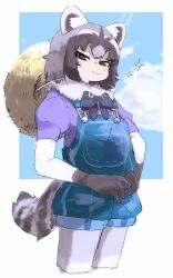 Rule 34 | 1girl, :&gt;, alternate costume, animal ears, black bow, black bowtie, black gloves, black hair, blue background, blue overalls, blush stickers, border, bow, bowtie, brown eyes, chin strap, cloud, commentary request, common raccoon (kemono friends), cropped legs, elbow gloves, fur collar, gloves, grey hair, half-closed eyes, hat, hat on back, highres, kemono friends, looking at viewer, multicolored hair, naka (buttergirl 02), outside border, overall shorts, overalls, own hands together, pantyhose, puffy short sleeves, puffy sleeves, purple pantyhose, purple shirt, raccoon ears, raccoon girl, raccoon tail, shirt, short sleeves, smile, solo, sparkle, straw hat, tail, two-tone gloves, v-shaped eyebrows, white border, white gloves