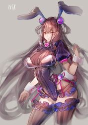 Rule 34 | 1girl, amane ruri, animal ears, black thighhighs, breasts, brown hair, fate/grand order, fate (series), frilled skirt, frills, grey background, hair between eyes, hair ornament, highres, large breasts, long hair, looking at viewer, miniskirt, murasaki shikibu (fate), nail polish, pink nails, purple eyes, rabbit ears, simple background, sketch, skirt, solo, standing, thighhighs, two side up, very long hair, wrist cuffs