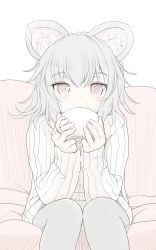 Rule 34 | 1girl, animal ears, brown eyes, couch, cup, drinking, grey hair, highres, ishikkoro, long sleeves, looking at viewer, mouse ears, naked sweater, nazrin, ribbed sweater, solo, sweater, teacup, touhou