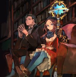 Rule 34 | 1boy, 1girl, bad id, bad pixiv id, black pants, blue bow, blue eyes, blue pantyhose, book, bookshelf, bow, brown footwear, brown hair, clenched hand, fate (series), formal, gauntlets, highres, indoors, leonardo da vinci (fate), leonardo da vinci (fate/grand order), leonardo da vinci (rider) (fate), looking at viewer, pants, pantyhose, sherlock holmes (fate), sitting, sketch, skirt, smile, suit, zakka (d-o-t)