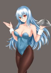 Rule 34 | 1girl, absurdres, alternate costume, bare arms, bare shoulders, blue hair, blush, breasts, brown pantyhose, cleavage, collarbone, commentary request, covered navel, cowboy shot, grey background, hair between eyes, hands up, head tilt, highres, holding, holding plate, kamishirasawa keine, large breasts, leotard, long hair, looking at viewer, no headwear, pantyhose, parted lips, plate, playboy bunny, red eyes, revision, shiny skin, simple background, solo, standing, thighs, touhou, wrist cuffs, wuwusan