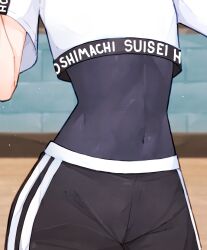 Rule 34 | 1girl, black shorts, blurry, blurry background, character name, close-up, commentary, covered navel, cropped shirt, depth of field, english commentary, gym uniform, head out of frame, highres, hololive, hololive dance practice uniform, hoshimachi suisei, ma draws, midriff, navel, official alternate costume, shirt, short sleeves, shorts, signature, skin tight, solo, virtual youtuber, white shirt