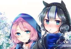 Rule 34 | 2girls, arknights, blue eyes, blue hair, blue poison (arknights), blush, candy, choker, double bun, food, glaucus (arknights), hair bun, hat, hood, hooded jacket, jacket, lollipop, low twintails, multicolored hair, multiple girls, naoi retsu, pink hair, streaked hair, twintails, yuri