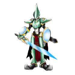 Rule 34 | digimon, digimon (creature), mercuremon, oridigi, original, shield, simple background, solo, sword, weapon, white background