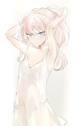 Rule 34 | 1girl, armpits, arms behind head, arms up, bare arms, bare shoulders, blue eyes, closed mouth, dress, hair between eyes, highres, long hair, lpip, original, pink hair, sleeveless, sleeveless dress, solo, white dress