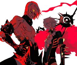 Rule 34 | 2boys, ashwatthama (fate), blue eyes, dark-skinned male, dark skin, evil grin, evil smile, facing viewer, fate/grand order, fate (series), glowing, glowing eyes, grin, hair over one eye, hand on own hip, highres, holding, holding polearm, holding weapon, jewelry, karna (fate), looking at viewer, male focus, multiple boys, muscular, muscular male, nipples, pale skin, pectorals, polearm, profile, red hair, short hair, smile, spear, standing, towa (10 wa), upper body, weapon, white background, white hair, yellow eyes