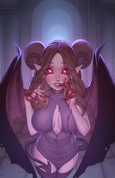 Rule 34 | 1girl, bare arms, black sclera, black thighhighs, blood, blood on face, blood on hands, breasts, brown hair, cleavage cutout, clothing cutout, colored sclera, cowboy shot, curled horns, demon horns, demon tail, demon wings, dress, fang, glowing, glowing eyes, hands up, heart, heart-shaped pupils, horns, large breasts, long hair, nosferatu academy 2, parted bangs, purple dress, red eyes, solo, starli (starlianechan), symbol-shaped pupils, tail, teeth, thighhighs, wings