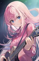 Rule 34 | 1girl, alternate hairstyle, aroa (aroamoyasi), blue eyes, blush, bocchi the rock!, commentary request, cowboy shot, crossed bangs, electric guitar, gibson les paul, gotoh hitori, gradient background, guitar, hair between eyes, hair intakes, head tilt, highres, holding, holding instrument, instrument, jacket, long hair, looking at viewer, music, parted lips, pink hair, pink jacket, pink track suit, playing instrument, sidelocks, solo, track jacket