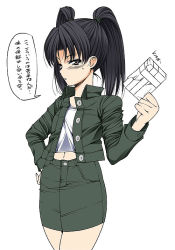 Rule 34 | 00s, 1girl, amasawa yuuko, blush, box, brown eyes, buttons, cowboy shot, crop top, cropped jacket, dennou coil, gift, gift box, green skirt, hair tie, hand on own hip, holding, holding gift, long hair, long sleeves, looking at viewer, navel, shirt, skirt, solo, speech bubble, standing, stomach, sweat, twintails, unbuttoned, valentine, white shirt, wing collar, yoshida inuhito